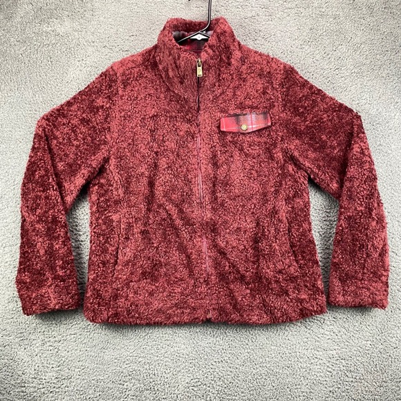 Pendleton Woolen Mills Womens Sherpa Fleece Jacket Plaid Trim Maroon Medium - Picture 1 of 8